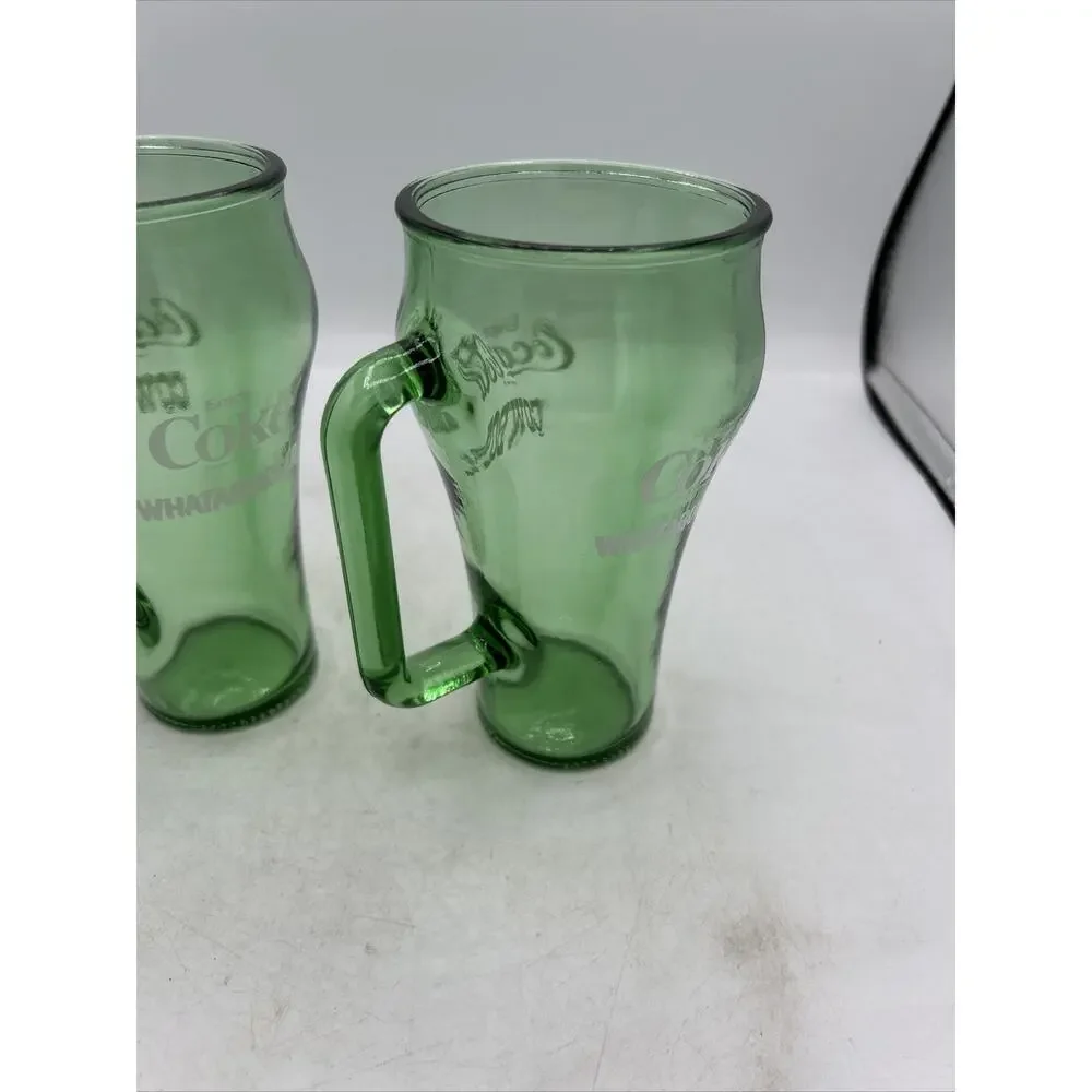 2 Vintage 1980's Coca-Cola Cowboy Whataburger Green Glass Handled Mugs